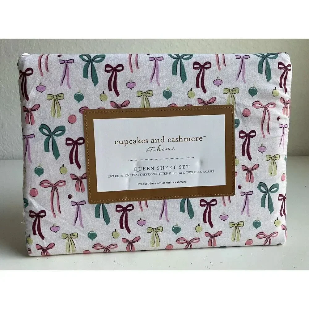 Cupcakes and Cashmere Bows Ornaments QUEEN SIZE Sheet‎ Set Christmas Bows NEW